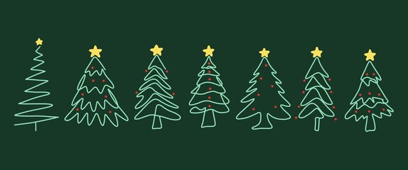 Christmas tree line art illustration set collection.