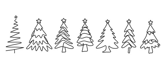Christmas tree line art illustration set collection.
