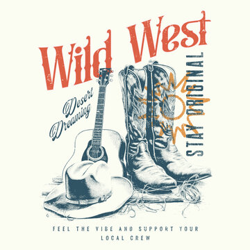 Western rodeo vintage cowboy hat cap vector with typography design, Cowboy western and wild west theme. Hand-drawn vector. beautiful pattern for fashion design vector illustration, Arizona desert