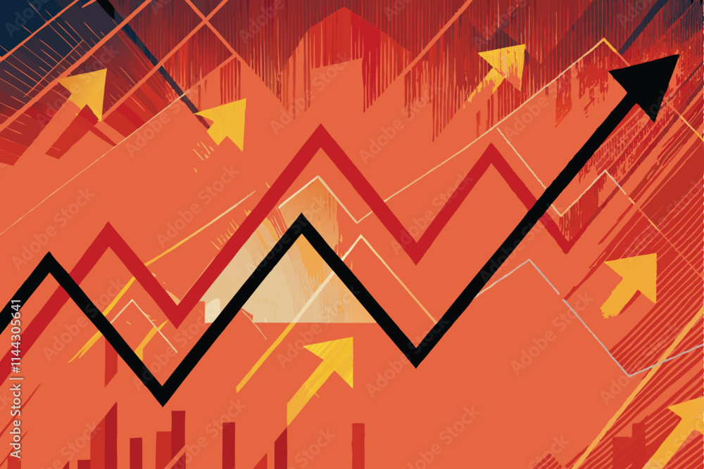 Poster generate a vibrant image of a dynamic economic graph background featuring a bright, upward-pointing 