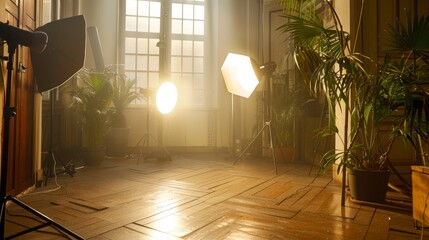 Cozy photography studio with warm lighting and a professional setup