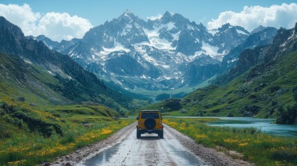 A yellow SUV drives down a gravel road surrounded by lush green hills and majestic snow-capped mountains under a clear blue sky.