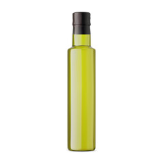 Olive oil bottle green glass vector mockup. Realistic 3d illustration of natural vegetarian extra virgin vegetable oil jar for mediterranian or italian kitchen. Cooking product brand bottle