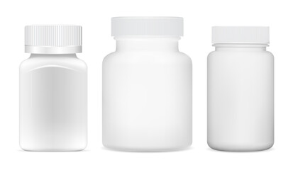 White pill bottle mockup. Pharmacy supplement jar, vector template. Isolated drug capsule bottle, realistic 3d illustration. Sport vitamin packaging set, white plastic blank. Prescription pills can