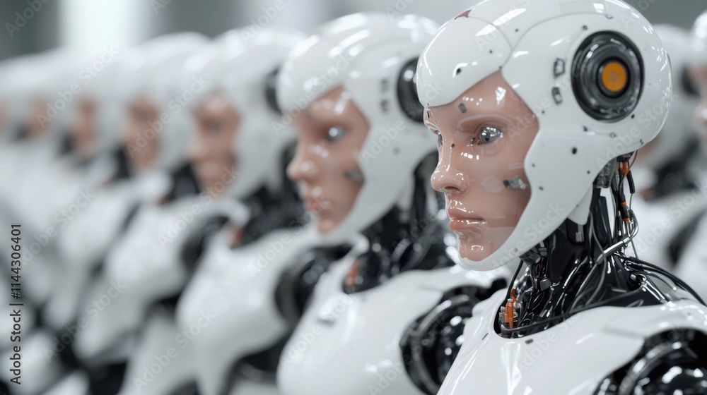 Poster a line of advanced humanoid robots showcases their design and technology in a modern facility during