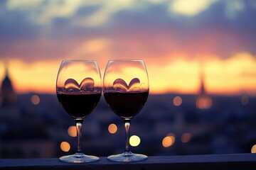 Two Wine Glasses Sunset Heart Shaped Reflections Cityscape