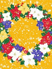 Vibrant Christmas Wreath Design Featuring Poinsettias and Holly against a Bright Yellow Background, Perfect for Seasonal Decoration and Holiday Celebrations