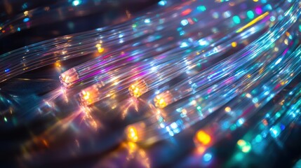 A close-up of illuminated fiber optic cables creating a colorful light display.