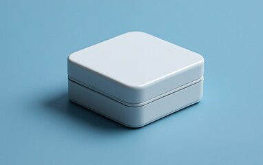 Square white tin box on light blue background.