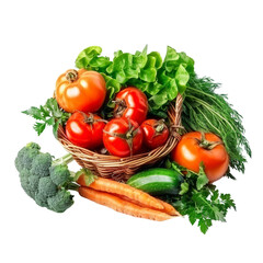 Fresh vegetables in a wicker basket including tomatoes, lettuce, carrots, broccoli, and herbs isolated on a white background.
