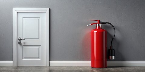 Candid Red Fire Extinguisher Gray Wall White Door Stock Photo - Safety Equipment Image