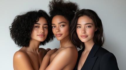 Obraz premium Three women with different hairstyles pose together in an artistic setting showcasing natural beauty and diversity