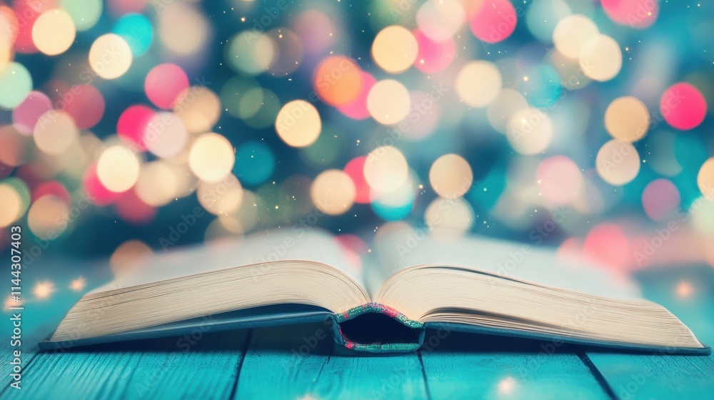 Poster an open book lies on a wooden table, illuminated by the warm glow of a festive bokeh background, cre