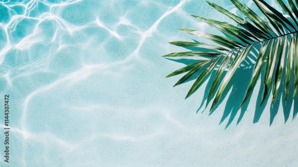 Poster sunlight filters through palm leaves, creating intricate shadows on the clear blue surface of a refr