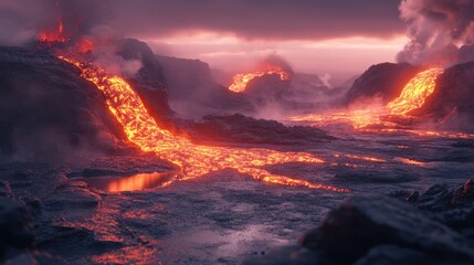 A dramatic volcanic landscape with flowing lava and smoke under a moody sky.