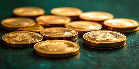 Close-up of golden Bitcoin coins scattered on a dark green surface.