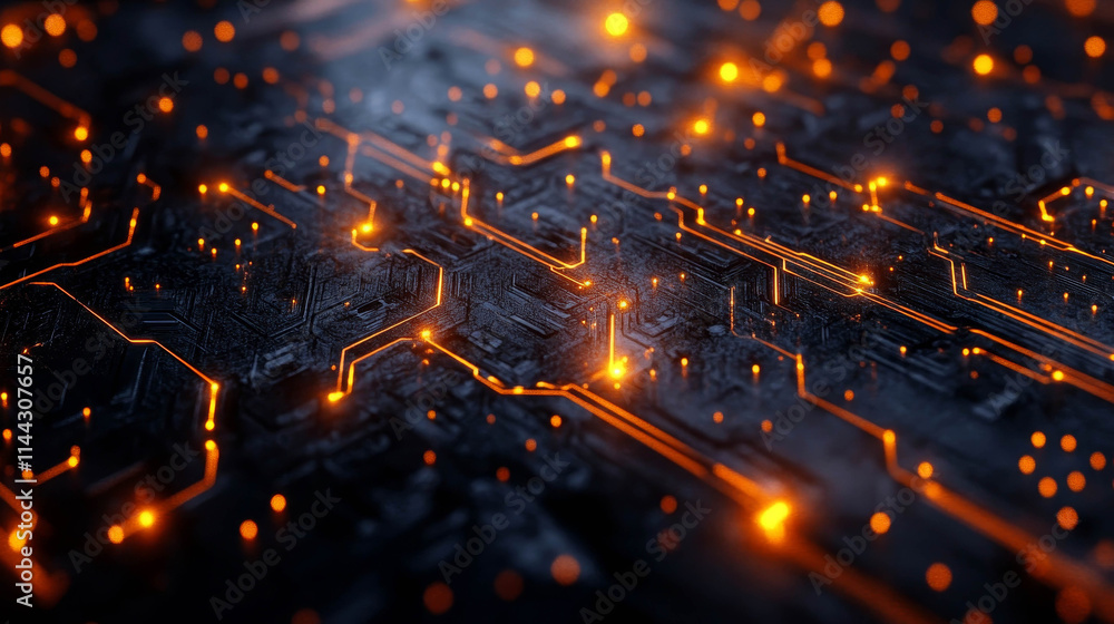 Poster an abstract image stylized as an electronic circuit or printed circuit board. the surface is dark, t