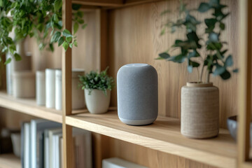 A grey smart speaker sits on a wooden shelf amidst plants and books, creating a cozy atmosphere.