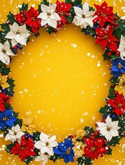 Colorful Christmas Wreath Art with Poinsettias and Decorative Elements on a Bright Yellow Background for Seasonal Festivities