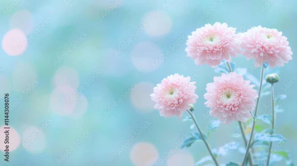 Poster delicate pink chrysanthemums bloom softly, surrounded by enchanting bokeh, creating a tranquil atmos