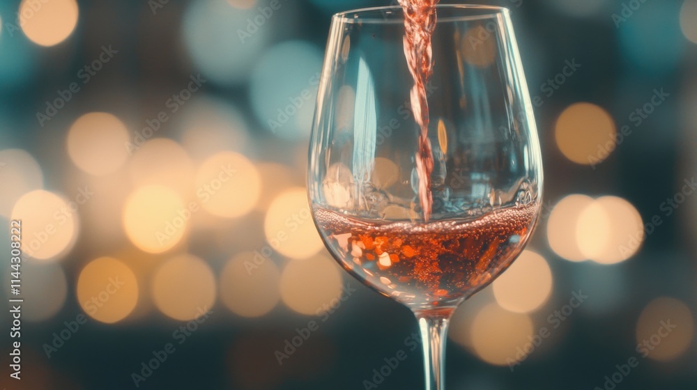 Poster red wine cascades into a glass, creating a sparkling effect, surrounded by gentle bokeh lights that 