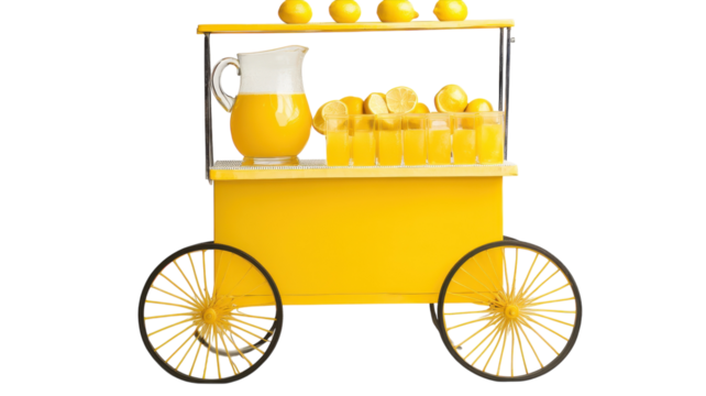 A Colorful Lemonade Stand Cart Displaying a Refreshing Pitcher of Lemonade Perfect for Summer Events and Family Gatherings.