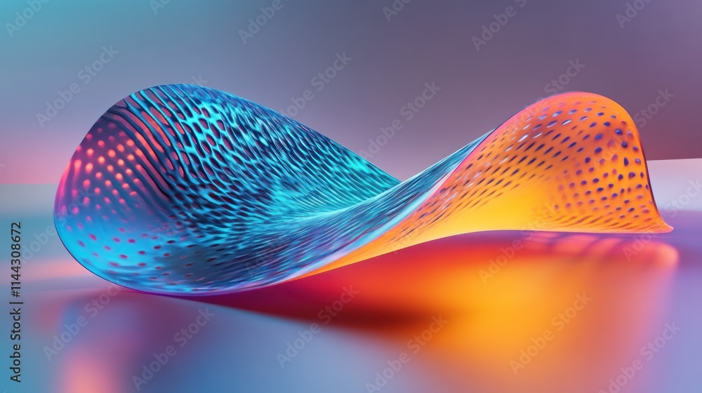Poster a vibrant, flowing abstract shape with a gradient of colors and a dynamic, modern design.