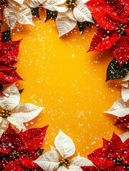Festive Christmas Wreath with Red and White Poinsettias Framed by Snowflakes on a Bright Yellow Background for Holiday Celebrations and Greeting Cards