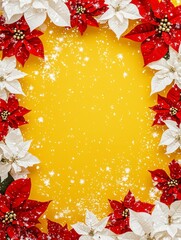 Colorful Christmas Wreath Border Made of White and Red Poinsettia Flowers on a Bright Yellow Background for Holiday Celebrations and Craft Projects