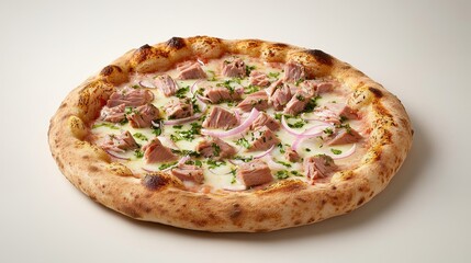 Delicious freshly baked pizza topped with tender tuna, onions, and fresh herbs