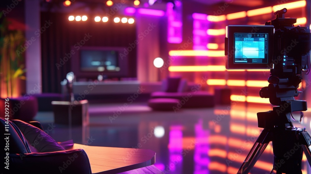 Poster a modern studio setup with a camera and colorful lights, designed for filming or broadcasting.