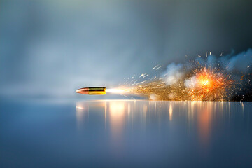 Flying bullet with fiery trail and sparks, symbolizing speed, impact, and explosive energy in motion.