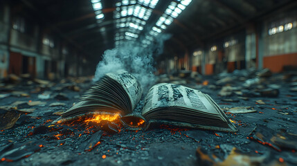 Burning book in a destroyed building.