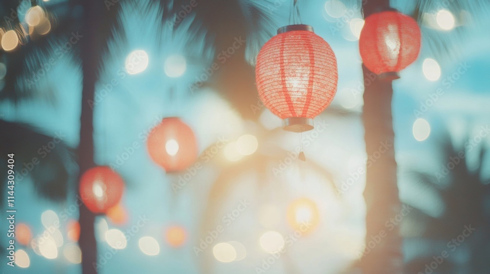 Poster red lanterns sway gently in the tropical breeze at dusk, illuminated by soft bokeh lights creating a