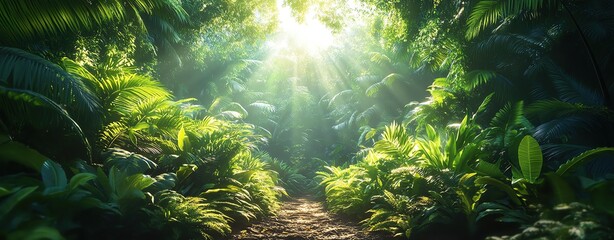 Fototapeta premium A lush tropical rainforest canopy with sunlight piercing through dense leaves and a trail winding into the greenery.