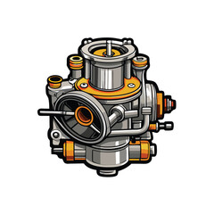 Generate a photorealistic image of a highly detailed metallic carburetor, showcasing its intricate internal components and polished metal surfaces.