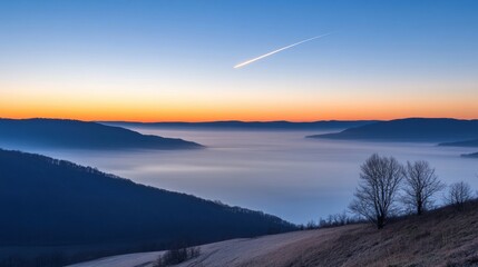 Obraz premium A rocket ascending into the clear morning sky, illuminating the serene mist-covered valleys and mountains at sunrise