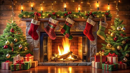Naklejka premium Christmas Fireplace Stocking Decor: Cozy Holiday Mantelpiece with Festive Stockings and Ornaments