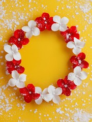 Vibrant Christmas Wreath with Red and White Flowers Set Against a Bright Yellow Background, Perfect for Holiday Decor and Seasonal Art Projects