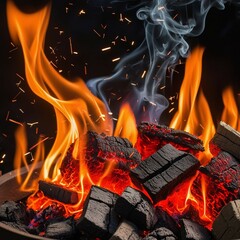 "A high-resolution close-up of burning embers and glowing charcoal, emitting vibrant orange and red flames. The scene is surrounded by floating sparks and a dark background, with heat waves and smoke 