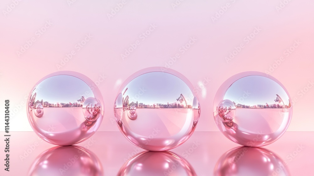 Aufkleber three reflective pink spheres on a smooth surface with a soft gradient background.