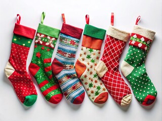 Christmas Stockings, Festive Socks, Holiday Pattern, Xmas Decorations, Winter Holiday, White Background,  Cozy Christmas, Christmas Decor, Holiday Stockings
