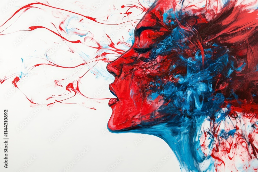Poster abstract art of a womans profile with blue and red swirls, capturing emotion and movement in a vibra