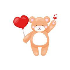 Cute teddy bear with a heart-shaped balloon in his hand. Valentine's Day Element. Stock isolated clipart on a white background. For flyer, sticker, card, logo, symbol.