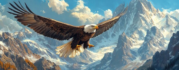 A majestic eagle in flight, wings fully spread against a backdrop of rugged mountain peaks and a clear blue sky.