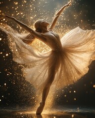 A mesmerizing capture of a ballerina mid-spin, with her dress flowing dramatically and light particles creating a dreamy effect.