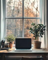 A minimalist workspace setup with a sleek laptop, a potted plant, and natural light streaming through a nearby window.