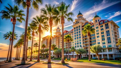 Clearwater Beach Hotel Palm Trees: Florida Coastal Luxury Documentary Photography