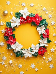 Festive Christmas Wreath on Bright Yellow Background with Red and White Flowers and Decorative Snowflakes for Holiday Cheer and Seasonal Decor