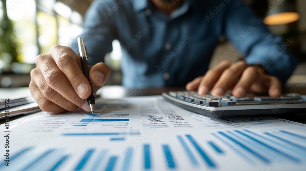 Poster man calculating monthly income for tax purposes with organized digital tools and files stock photo w